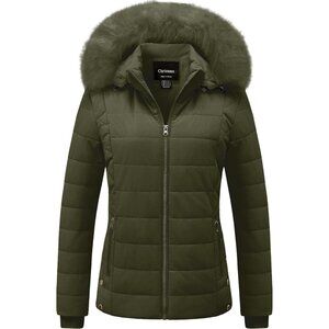 Women's Green Velvet Puffer Jackets Coat Faux Fur Lining Winter Removable Hood